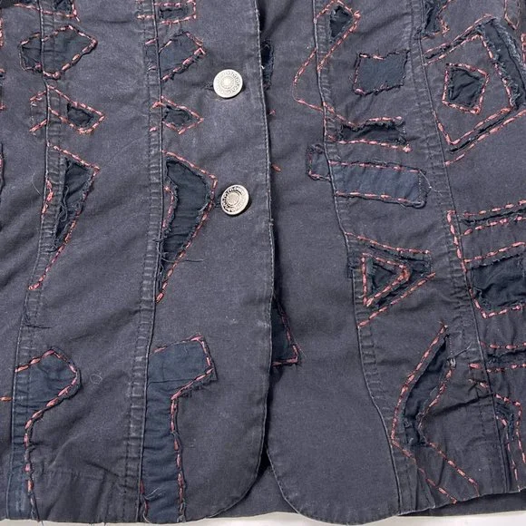 Chicos Black Abstract Art to Wear Contrast Stitch Button Blazer Jacket M 1 FLAW - Picture 6 of 10